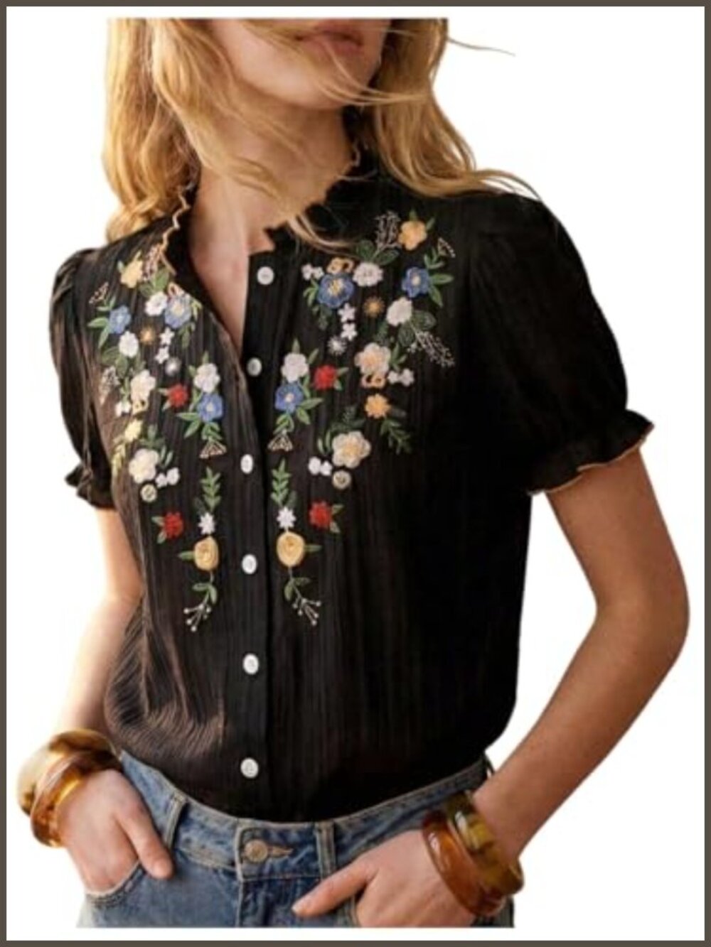 Floral Embroidered Button Down Blouse Mock Neck Puff Sleeve